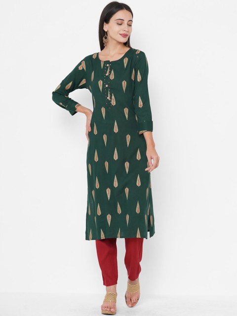 

FASHOR Women Green Paisley Embroidered Cold-Shoulder Sleeves Thread Work Kurta