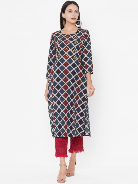 

FASHOR Women Blue & Maroon Floral Printed Thread Work Kurta