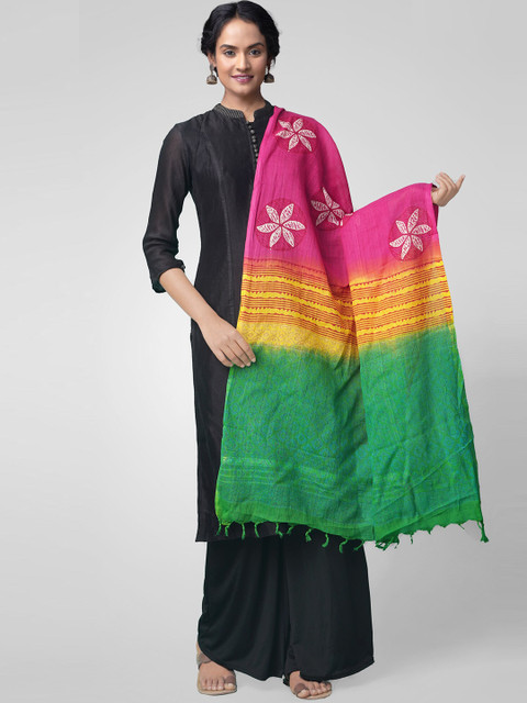 

Unnati Silks Pink & Green Hand Block Printed Mulmul Cotton Dupatta