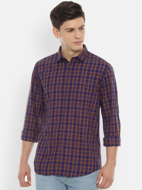 Louis Philippe Sport Men Navy & Mustard Yellow Pure Cotton Slim Fit Checked Casual Shirt, Navy blue