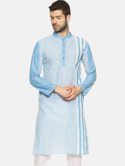 PAROKSH Men Turquoise Blue & White Striped Pure Cotton Handloom Kurta
