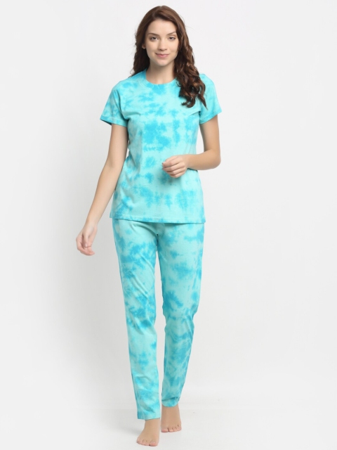 

Kanvin Women Blue Tie and Dye Nightsuit, Turquoise blue