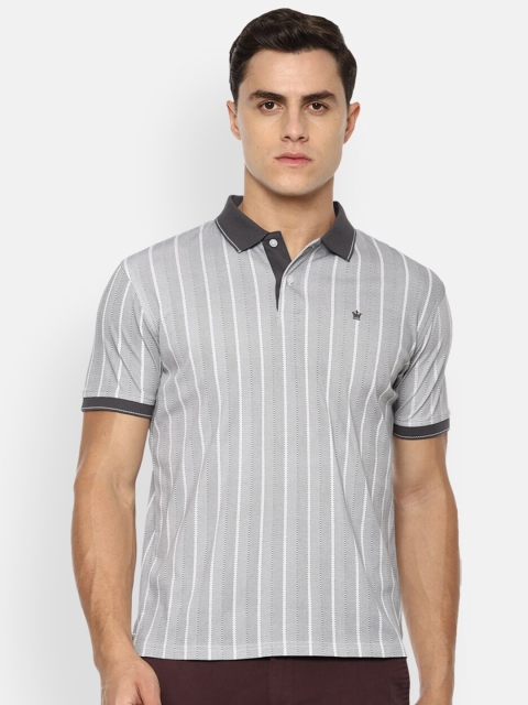 

Louis Philippe Men Grey & White Striped Polo Collar T-shirt