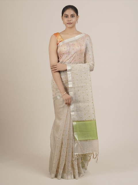 

Pothys Beige Embroidered Pure Cotton Saree With Tasseled Pallu