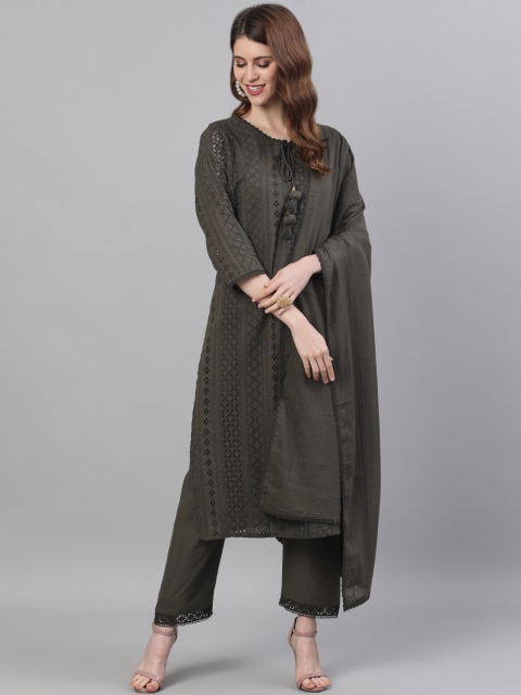 

Ishin DESIGNER STUDIO Women Green Straight Pure Cotton Kurta & Trousers with Dupatta