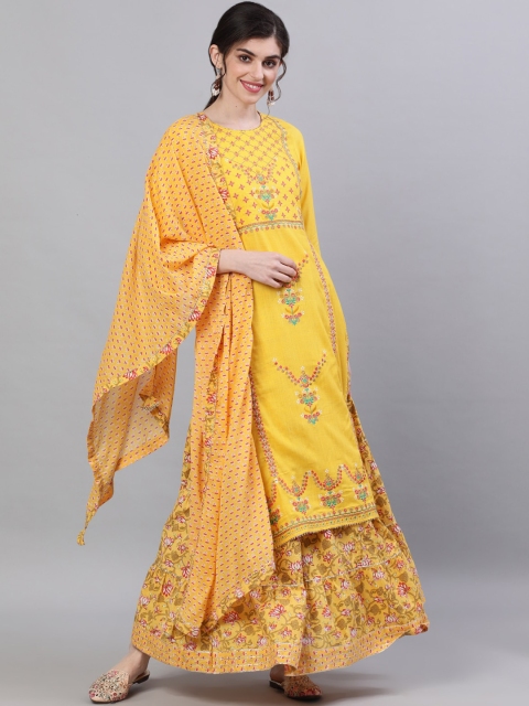 

Ishin DESIGNER STUDIO Women Yellow Embroidered Straight Kurta & Sharara With Dupatta