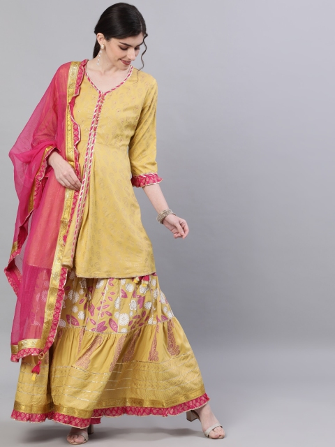 

Ishin DESIGNER STUDIO Women Mustard Yellow Printed Regular A-Line Pure Silk Kurti
