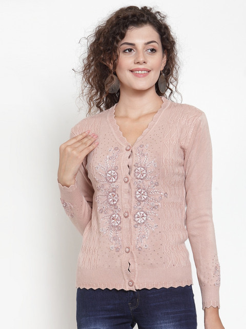 

Global Republic Women Nude-Coloured Embroidered Cardigan Sweater