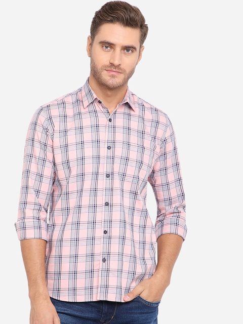 

Greenfibre Men Pink & Blue Slim Fit Checked Pure Cotton Casual Shirt