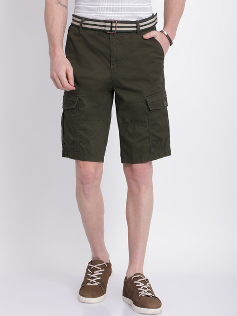 

t-base Men Olive Green Solid Regular Fit Cotton Cargo Shorts