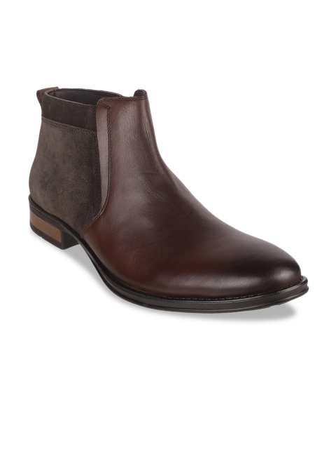 

Mochi Men Coffee Brown Solid Leather Mid-Top Flat Boots