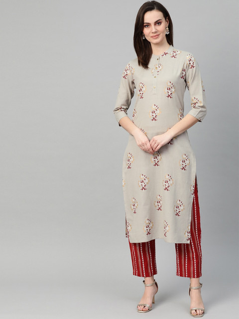 

Yufta Women Grey & Red Floral Printed Regular Straight Pure Cotton Kurta & Palazzos