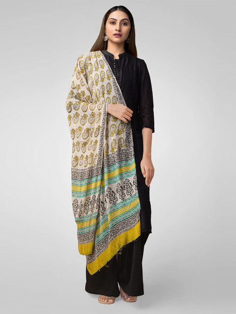 

Unnati Silks Cream-Coloured & Yellow Bagru Printed Pure Chiffon Dupatta
