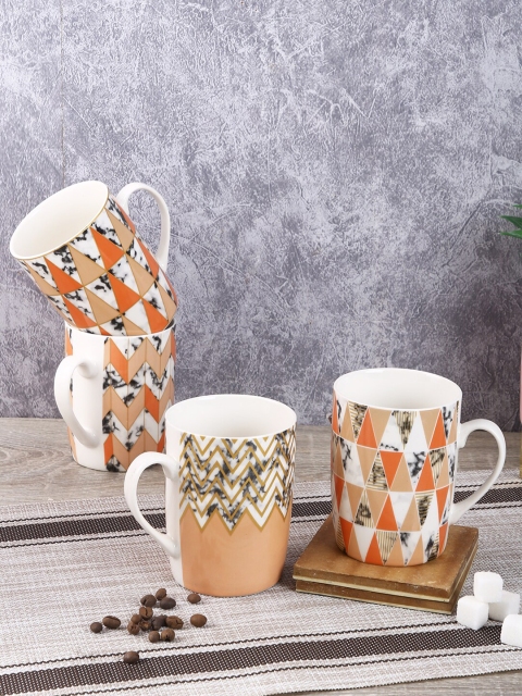 

House Of Accessories Peach-Coloured & White 4-Pieces Printed Ceramic Mugs Set