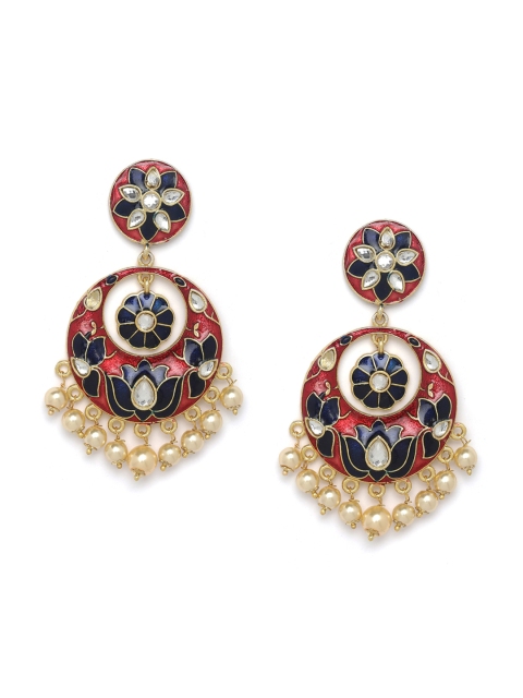 

PANASH Red Gold-Plated Crescent Shaped Meenakari Chandbalis