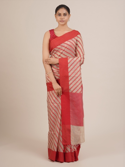 

Pothys Red & Beige Supernet Striped Saree