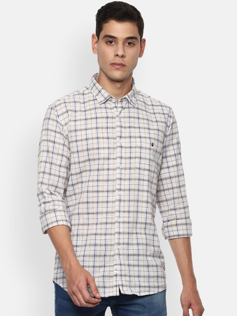 

Louis Philippe Jeans Men Cream-Coloured & Black Pure Cotton Checked Casual Shirt