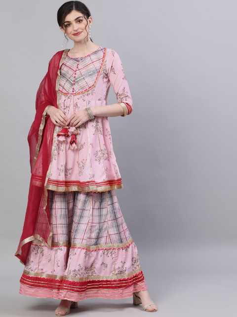 

Ishin DESIGNER STUDIO Women Pink & Orange Floral Anarkali Kurta & Sharara With Dupatta