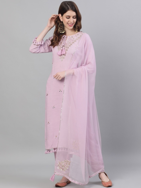 

Ishin DESIGNER STUDIO Women Mauve Embroidered A-Line Kurta Trouser Dupatta Set