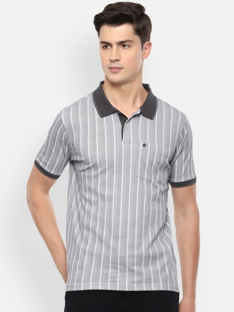

Louis Philippe Men Grey & White Striped Polo Collar T-shirt