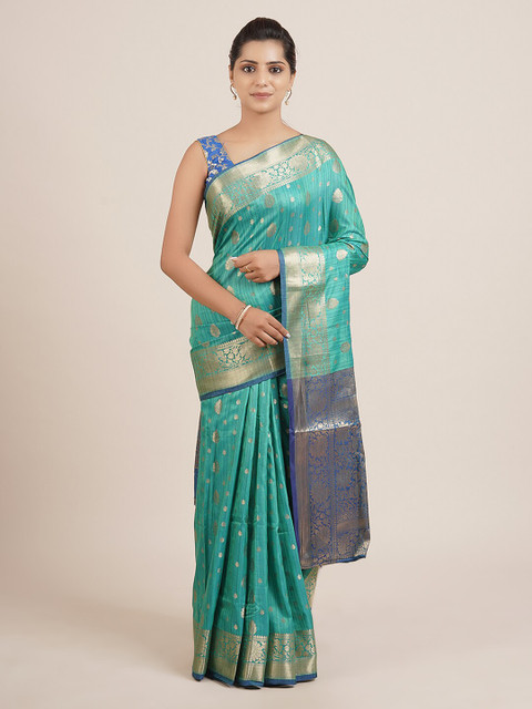 

Pothys Sea Green & Gold-Toned Jute Silk Woven Design Saree