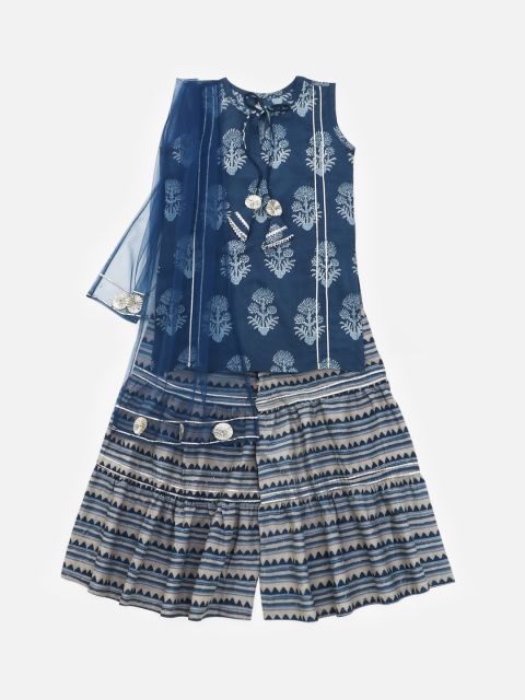 

The Magic Wand Girls Blue Printed Regular A-Line Pure Cotton Kurti with Sharara & Dupatta