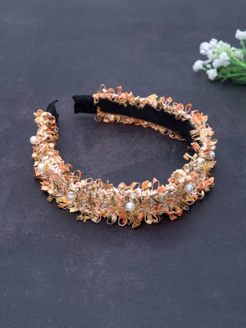 

Golden Peacock Women Peach Woven-Design Beaded Hairband