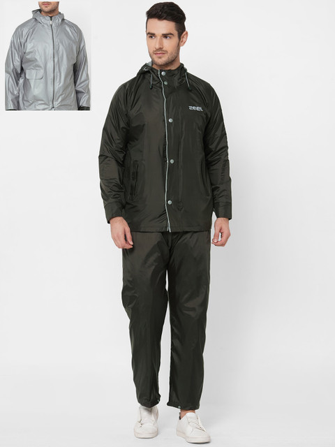 

Zeel Men Olive Green & Grey Solid Reversible Rain Suit