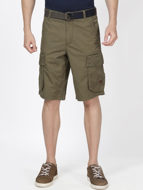 

t-base Men Olive Green Solid Regular Fit Cotton Cargo Shorts