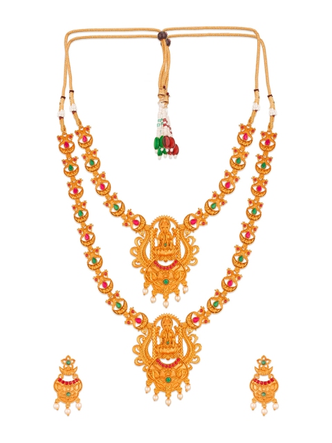 

aadita Pink & Green Gold-Plated Kundan-Studded & Beaded Goddess Laxmi Jewellery Set