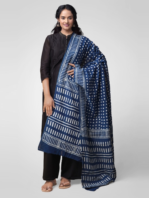 

Unnati Silks Blue & White Dabu Printed Mulmul Cotton Sustainable Dupatta