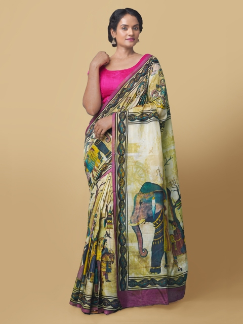 

Unnati Silks Beige Silk Blend Printed Block Print Saree