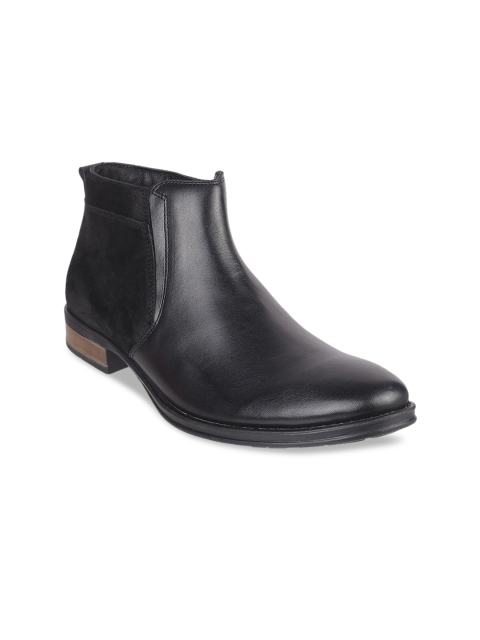 

Mochi Men Black Solid Leather Mid-Top Flat Boots with Suede Finish