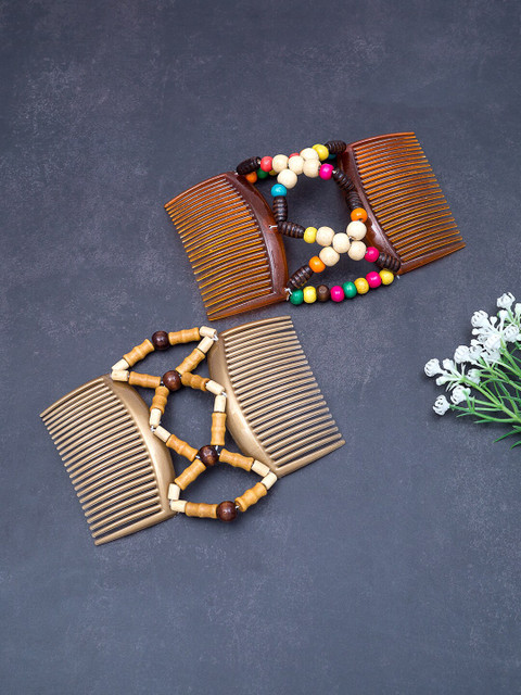 

Golden Peacock Brown Set of 2 Beaded Comb Pin