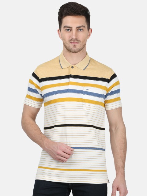 

Monte Carlo Men Cream Coloured & Mustard Yellow Striped Polo Collar T-shirt