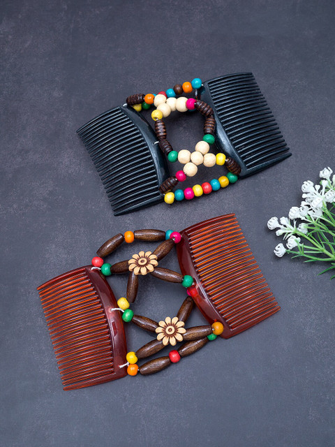 

Golden Peacock Brown & Navy Blue Set of 2 Beaded Comb Pin