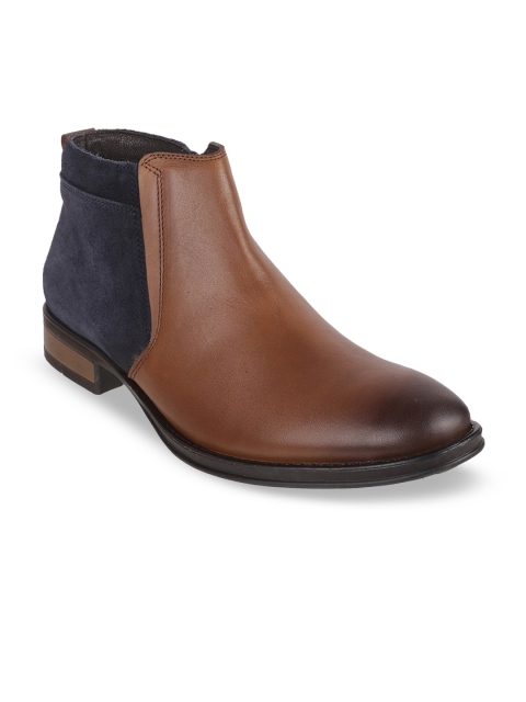

Mochi Men Tan Brown & Navy Blue Colourblocked Leather Mid-Top Flat Boots