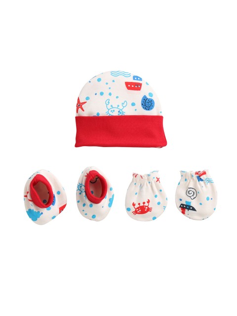 

BUMZEE Kids Cream-Coloured & Red Printed Beanie With Mittens & Booties