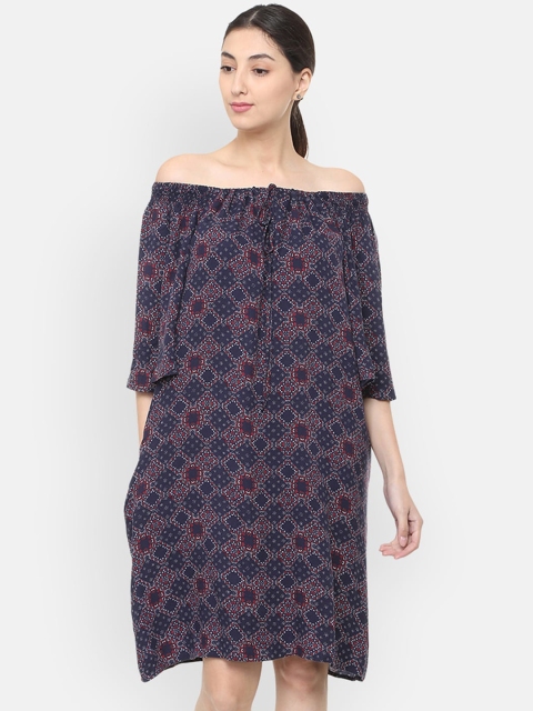 

Allen Solly Woman Navy Blue Off-Shoulder A-Line Dress