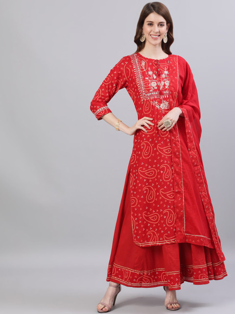 

Ishin DESIGNER STUDIO Women Red & Beige Bandhani Printed Kurta with Skirt With Dupatta