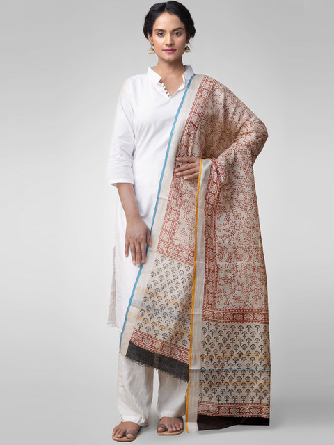 

Unnati Silks Cream-Coloured & Brown Bagru Printed Pure Linen Handloom Dupatta