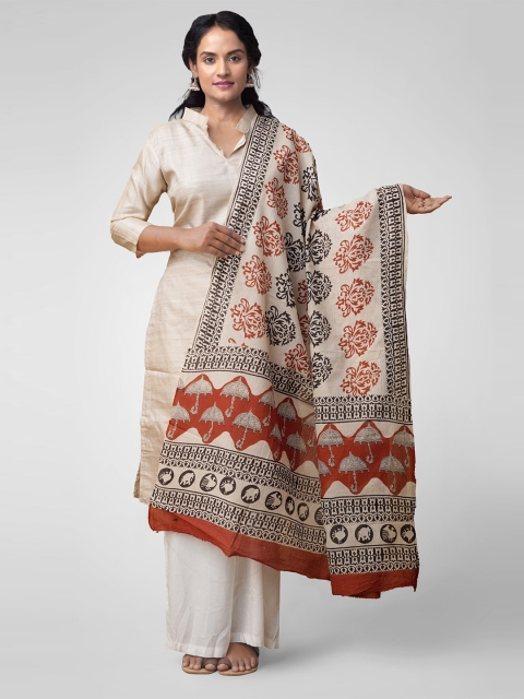 

Unnati Silks Cream-Coloured & Brown Bagru Printed Pure Cotton Dupatta