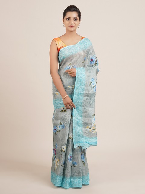 

Pothys Turquoise Blue & Green Pure Cotton Floral Printed Saree