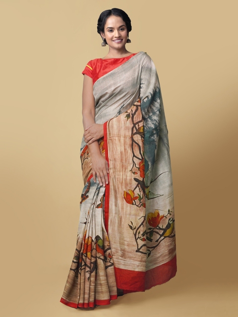 

Unnati Silks Grey & Beige Silk Blend Printed Block Print Saree