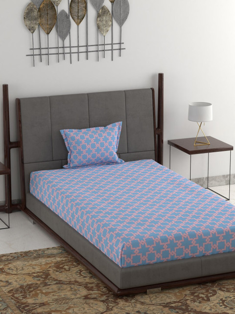 

BLUE DAHLIA Blue & Pink Geometric 220 TC Cotton 1 Single Bedsheet with 1 Pillow Covers