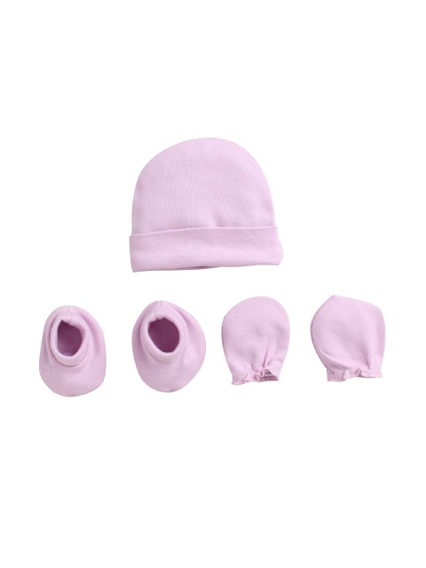 

BUMZEE Unisex Kids Set Of 3 Pink Soild Beanie With Mittens & Booties