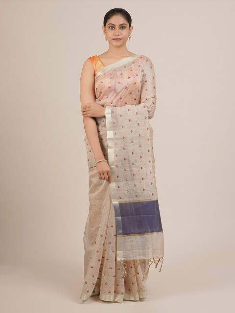 

Pothys Cream-Coloured & Navy Blue Pure Cotton Embroidered Saree