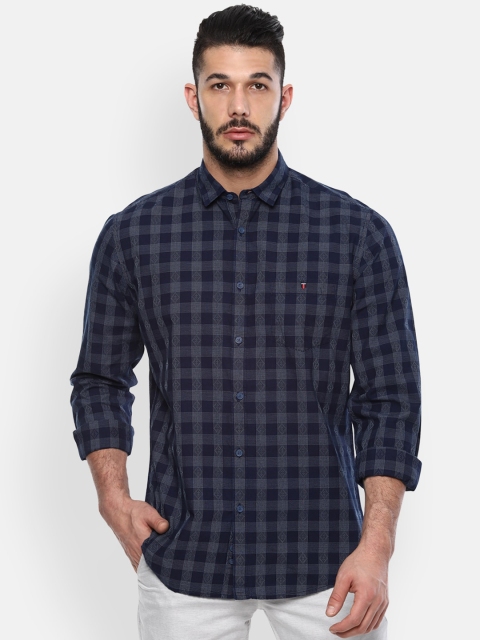

Louis Philippe Jeans Men Navy Pure Cotton Slim Fit Checked Casual Shirt, Navy blue