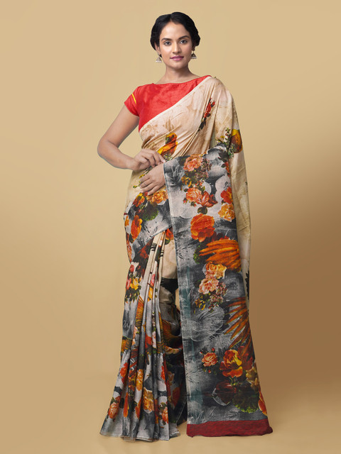 

Unnati Silks Women Beige & Red Digital Printed Crepe Soft Silk Saree