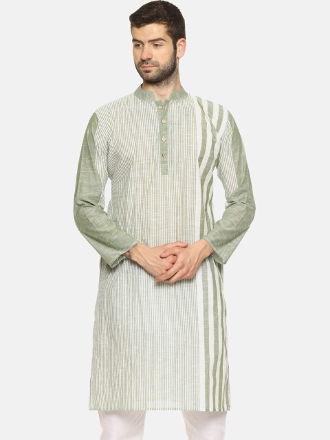 

PAROKSH Men Olive Green & White Striped Pure Cotton Handloom Kurta